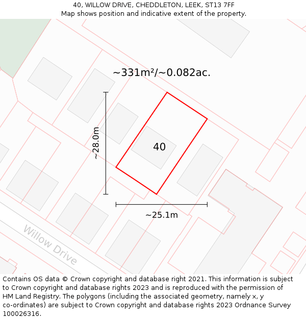 40, WILLOW DRIVE, CHEDDLETON, LEEK, ST13 7FF: Plot and title map