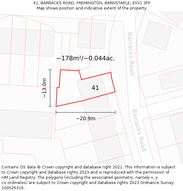 41, BARRACKS ROAD, FREMINGTON, BARNSTAPLE, EX31 3FP: Plot and title map