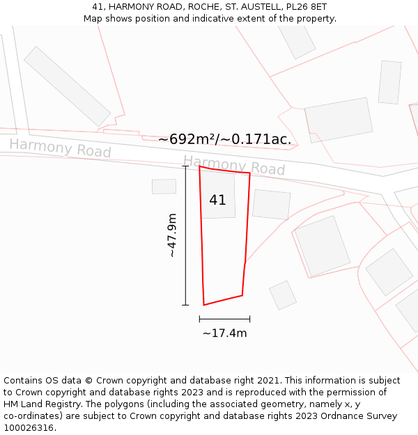 41, HARMONY ROAD, ROCHE, ST. AUSTELL, PL26 8ET: Plot and title map