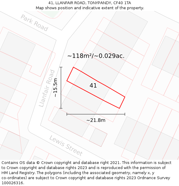 41, LLANFAIR ROAD, TONYPANDY, CF40 1TA: Plot and title map