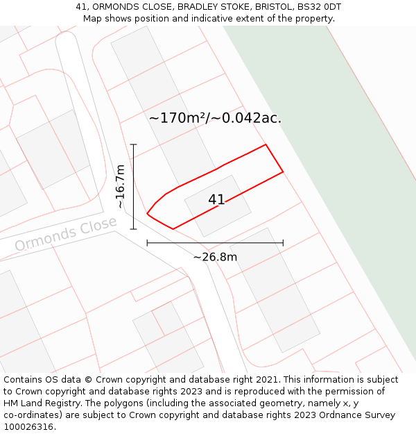 41, ORMONDS CLOSE, BRADLEY STOKE, BRISTOL, BS32 0DT: Plot and title map