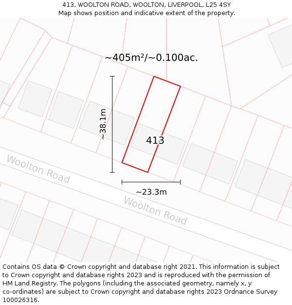 413, WOOLTON ROAD, WOOLTON, LIVERPOOL, L25 4SY: Plot and title map