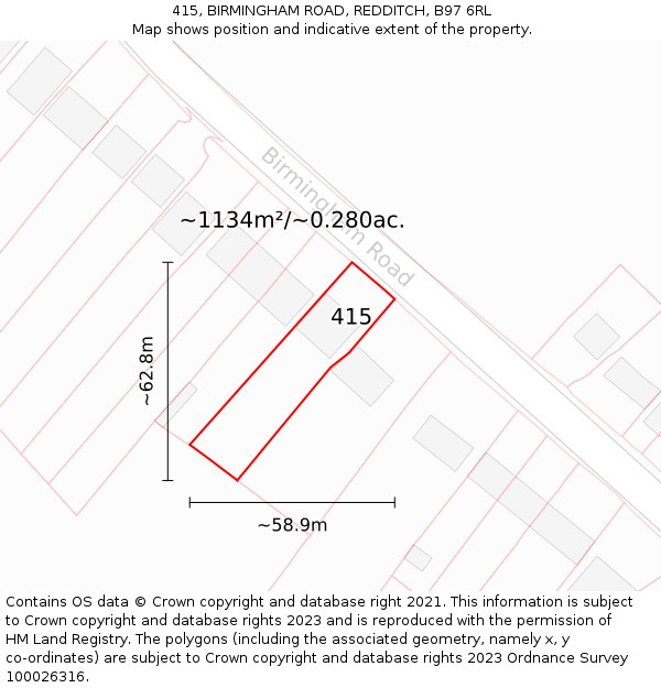 415, BIRMINGHAM ROAD, REDDITCH, B97 6RL: Plot and title map