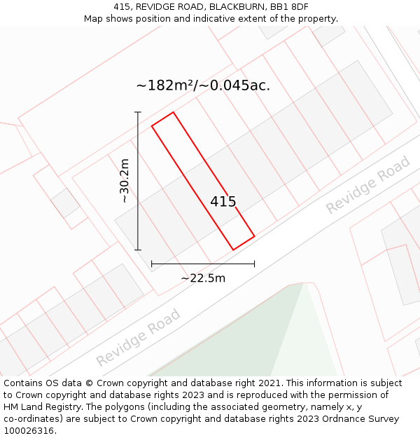 415, REVIDGE ROAD, BLACKBURN, BB1 8DF: Plot and title map