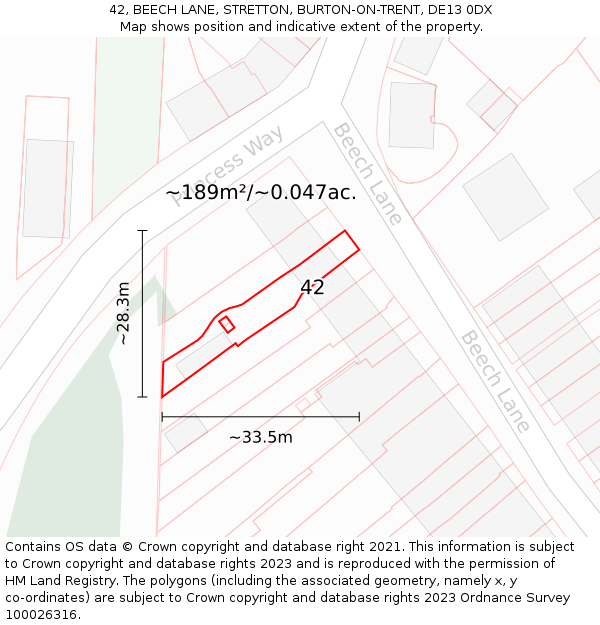 42, BEECH LANE, STRETTON, BURTON-ON-TRENT, DE13 0DX: Plot and title map