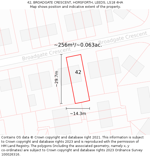 42, BROADGATE CRESCENT, HORSFORTH, LEEDS, LS18 4HA: Plot and title map