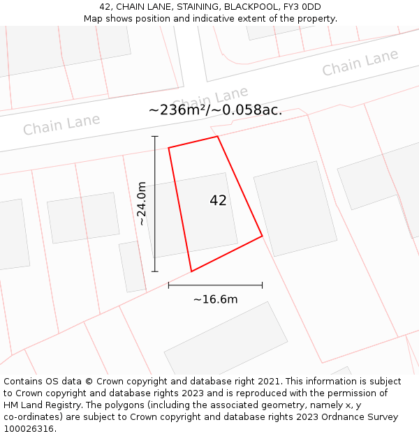 42, CHAIN LANE, STAINING, BLACKPOOL, FY3 0DD: Plot and title map
