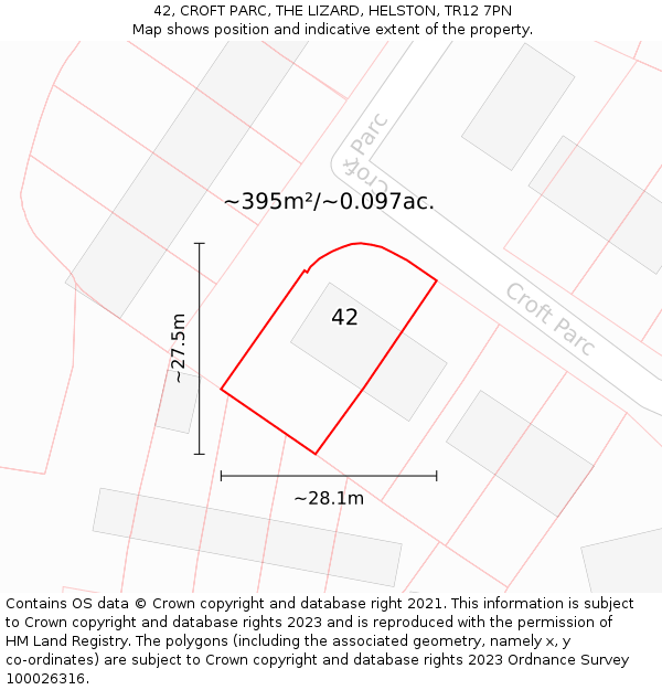 42, CROFT PARC, THE LIZARD, HELSTON, TR12 7PN: Plot and title map