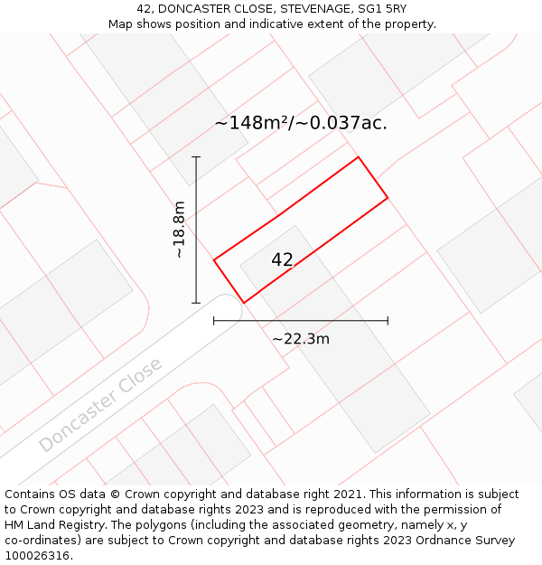 42, DONCASTER CLOSE, STEVENAGE, SG1 5RY: Plot and title map