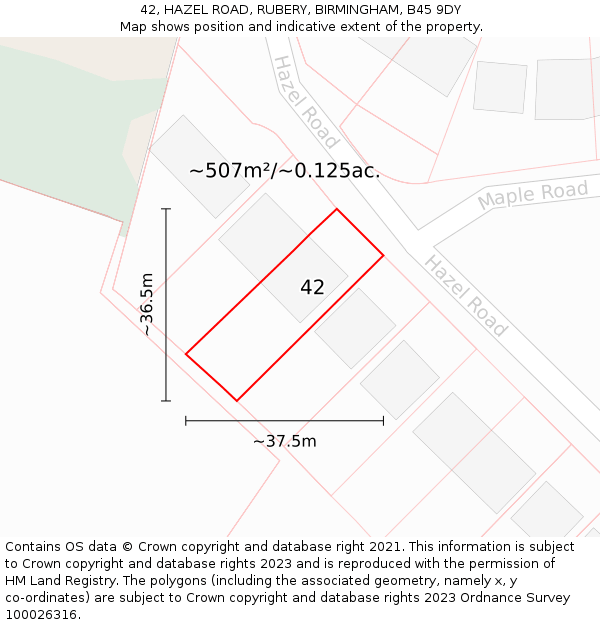 42, HAZEL ROAD, RUBERY, BIRMINGHAM, B45 9DY: Plot and title map