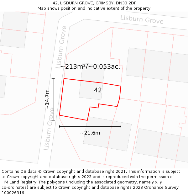 42, LISBURN GROVE, GRIMSBY, DN33 2DF: Plot and title map