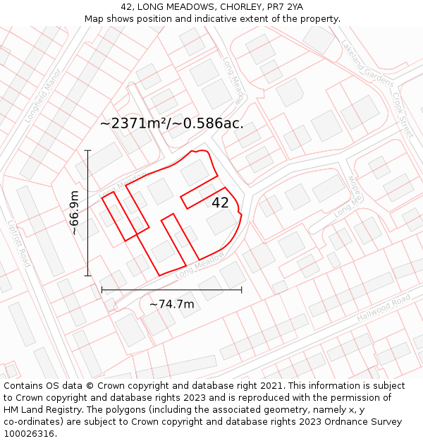 42, LONG MEADOWS, CHORLEY, PR7 2YA: Plot and title map