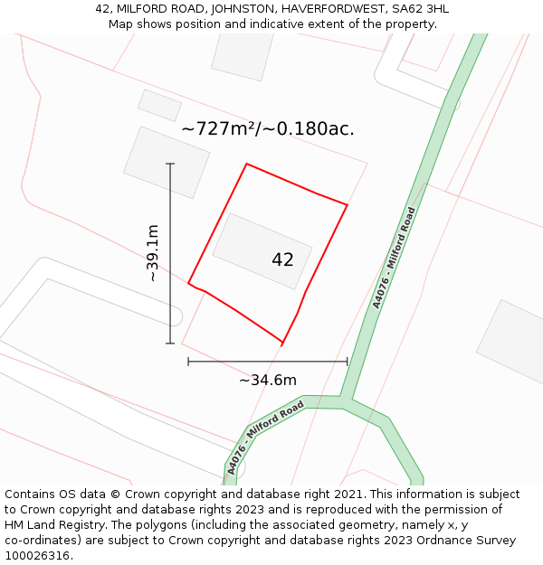 42, MILFORD ROAD, JOHNSTON, HAVERFORDWEST, SA62 3HL: Plot and title map