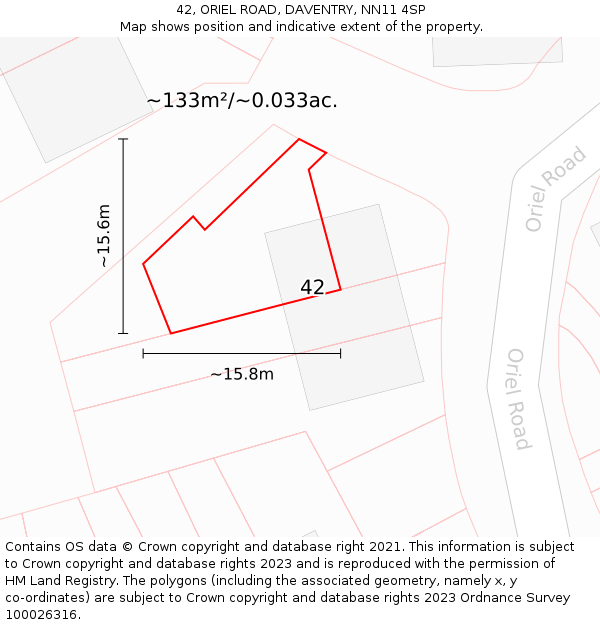 42, ORIEL ROAD, DAVENTRY, NN11 4SP: Plot and title map
