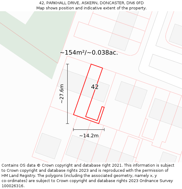 42, PARKHALL DRIVE, ASKERN, DONCASTER, DN6 0FD: Plot and title map