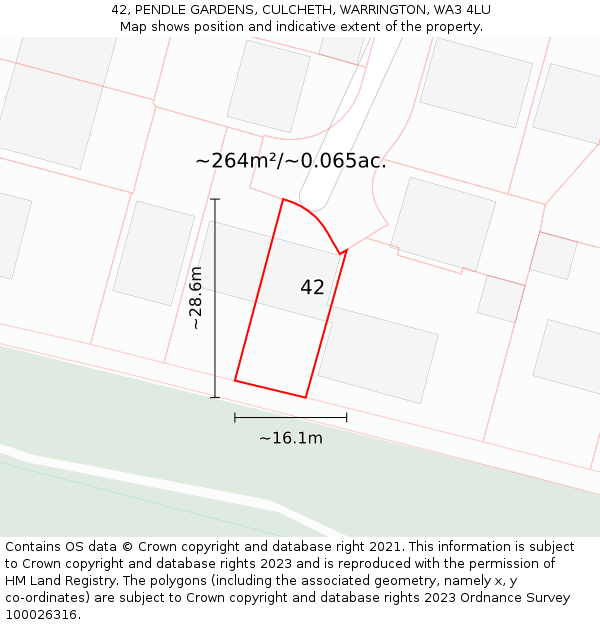 42, PENDLE GARDENS, CULCHETH, WARRINGTON, WA3 4LU: Plot and title map