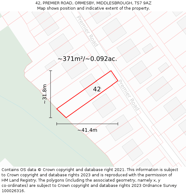 42, PREMIER ROAD, ORMESBY, MIDDLESBROUGH, TS7 9AZ: Plot and title map