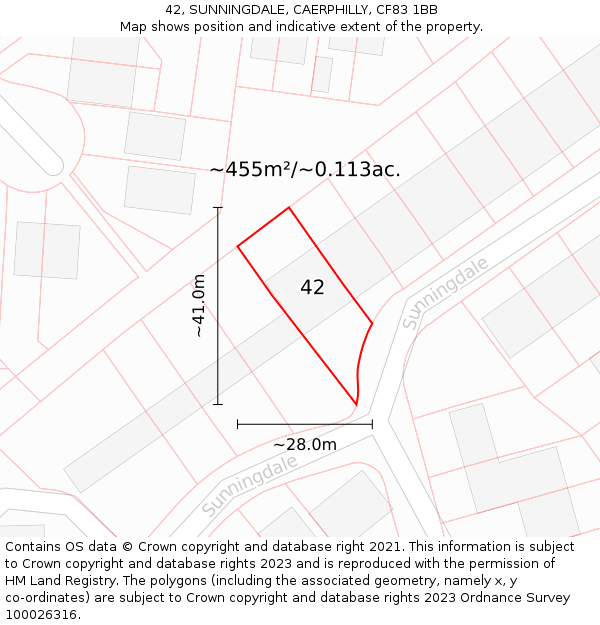 42, SUNNINGDALE, CAERPHILLY, CF83 1BB: Plot and title map