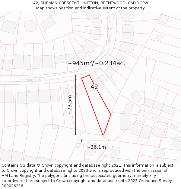 42, SURMAN CRESCENT, HUTTON, BRENTWOOD, CM13 2PW: Plot and title map
