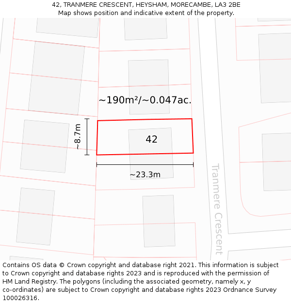 42, TRANMERE CRESCENT, HEYSHAM, MORECAMBE, LA3 2BE: Plot and title map