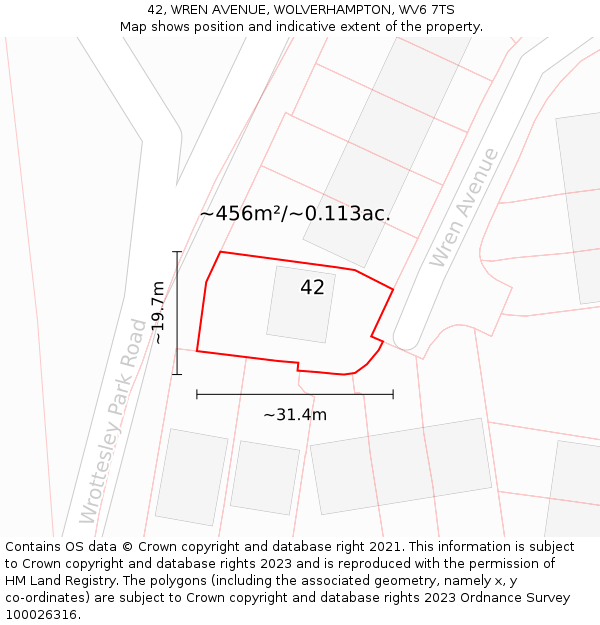 42, WREN AVENUE, WOLVERHAMPTON, WV6 7TS: Plot and title map