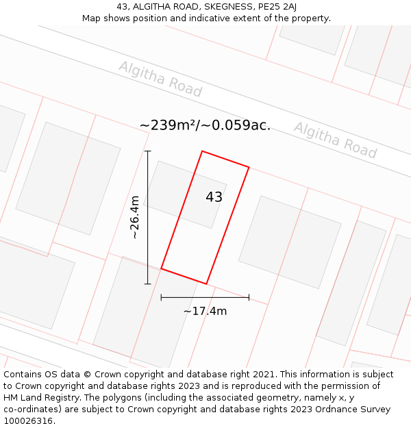43, ALGITHA ROAD, SKEGNESS, PE25 2AJ: Plot and title map