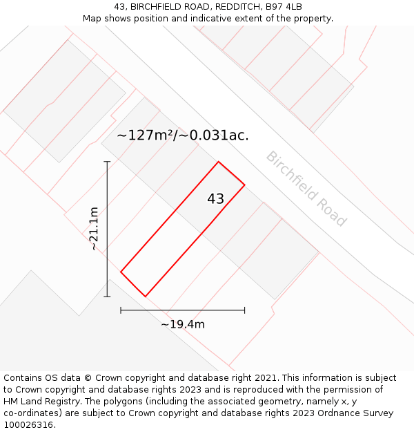 43, BIRCHFIELD ROAD, REDDITCH, B97 4LB: Plot and title map