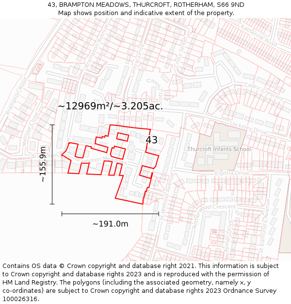 43, BRAMPTON MEADOWS, THURCROFT, ROTHERHAM, S66 9ND: Plot and title map