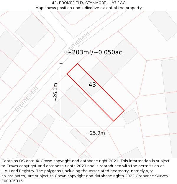 43, BROMEFIELD, STANMORE, HA7 1AG: Plot and title map