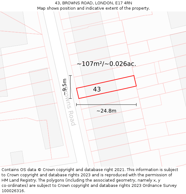 43, BROWNS ROAD, LONDON, E17 4RN: Plot and title map