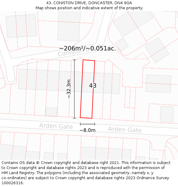 43, CONISTON DRIVE, DONCASTER, DN4 9GA: Plot and title map