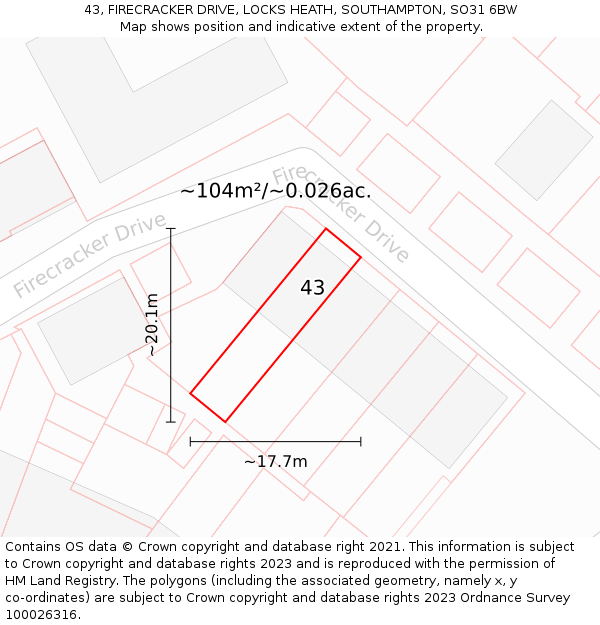 43, FIRECRACKER DRIVE, LOCKS HEATH, SOUTHAMPTON, SO31 6BW: Plot and title map