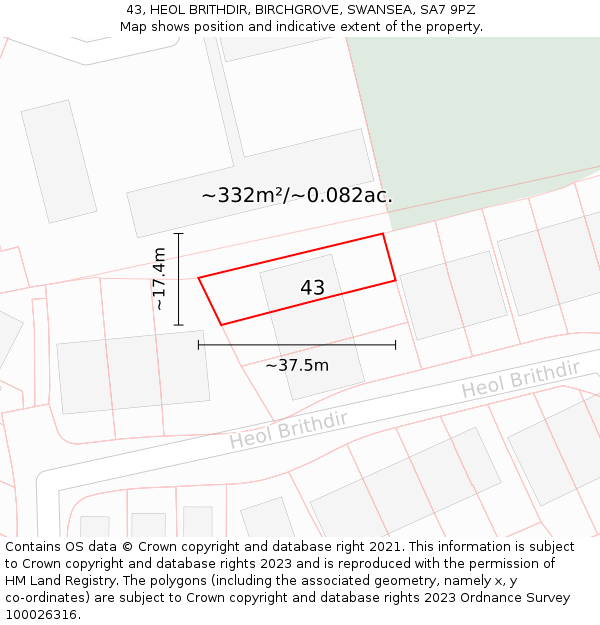 43, HEOL BRITHDIR, BIRCHGROVE, SWANSEA, SA7 9PZ: Plot and title map