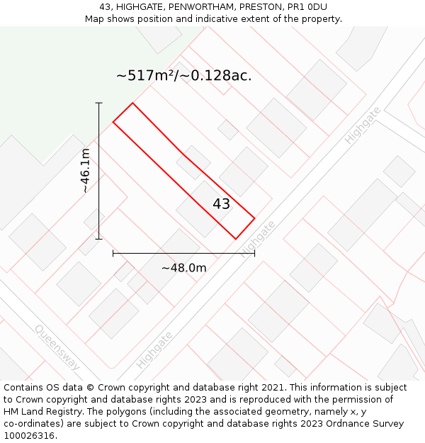 43, HIGHGATE, PENWORTHAM, PRESTON, PR1 0DU: Plot and title map
