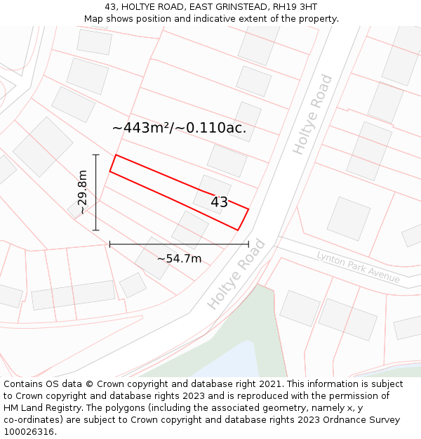 43, HOLTYE ROAD, EAST GRINSTEAD, RH19 3HT: Plot and title map