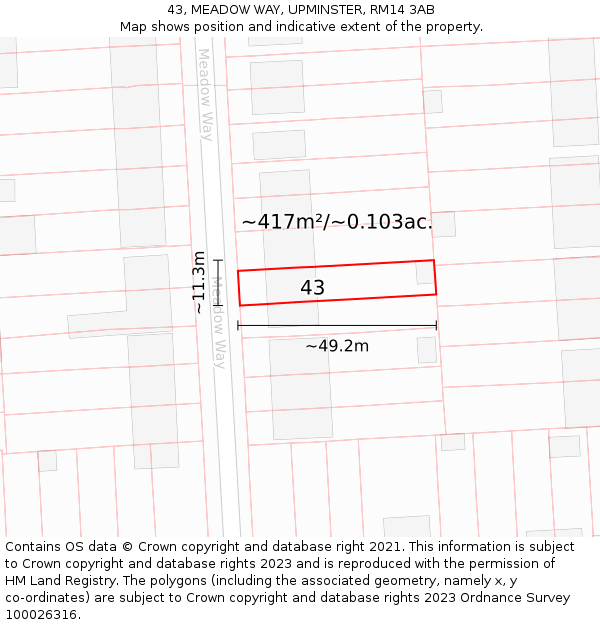 43, MEADOW WAY, UPMINSTER, RM14 3AB: Plot and title map