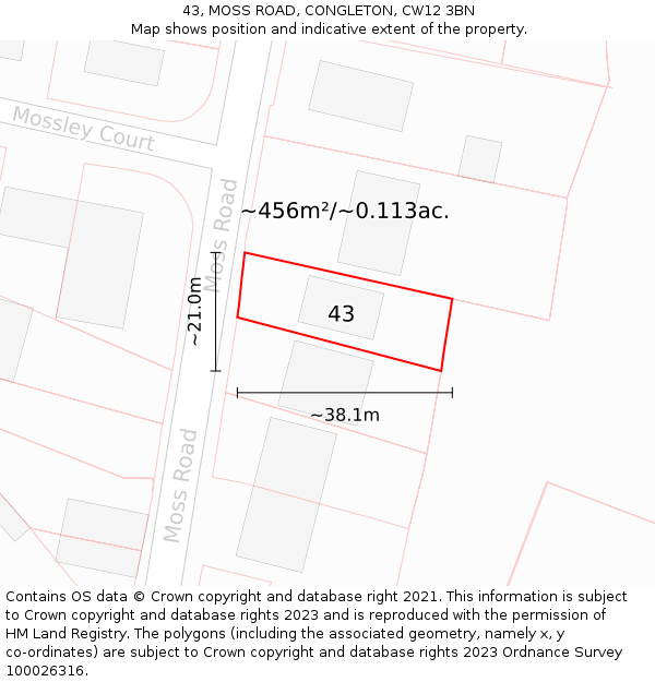 43, MOSS ROAD, CONGLETON, CW12 3BN: Plot and title map