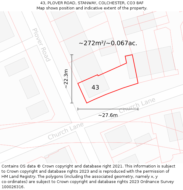 43, PLOVER ROAD, STANWAY, COLCHESTER, CO3 8AF: Plot and title map