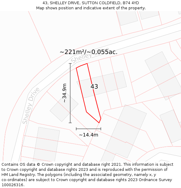 43, SHELLEY DRIVE, SUTTON COLDFIELD, B74 4YD: Plot and title map