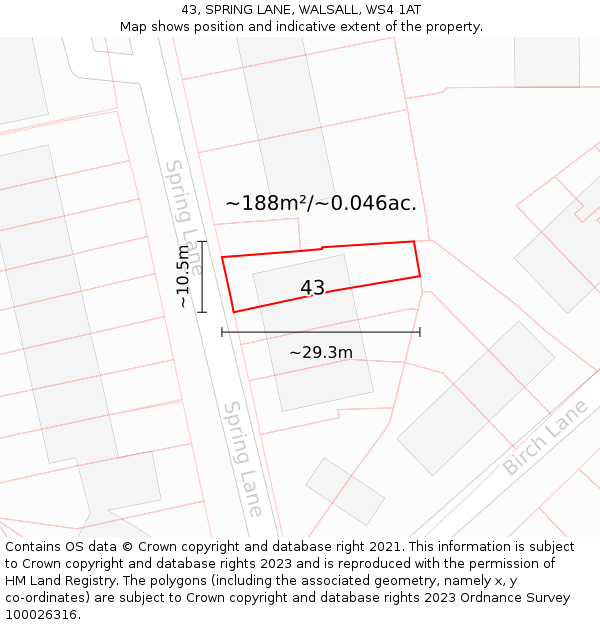 43, SPRING LANE, WALSALL, WS4 1AT: Plot and title map