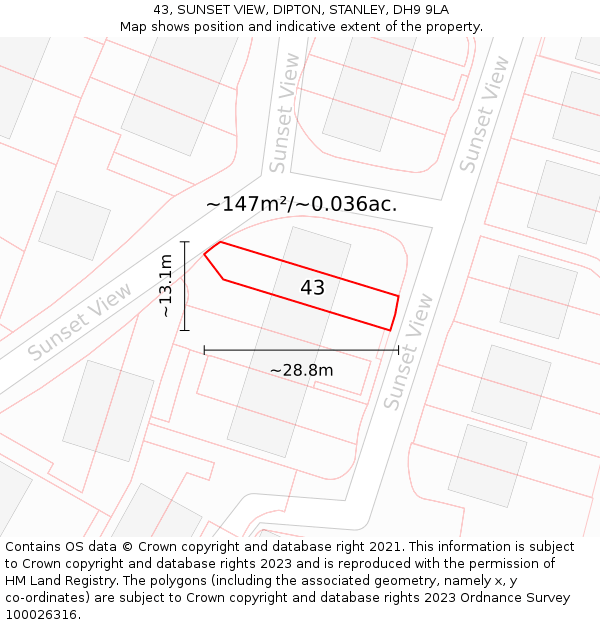43, SUNSET VIEW, DIPTON, STANLEY, DH9 9LA: Plot and title map