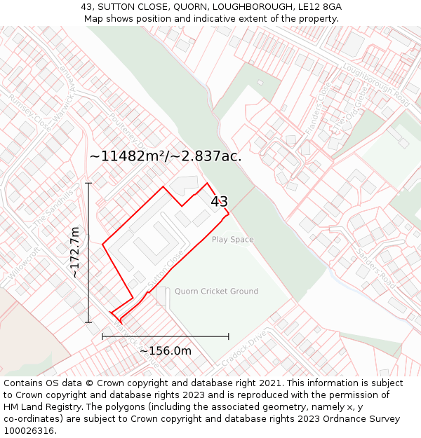 43, SUTTON CLOSE, QUORN, LOUGHBOROUGH, LE12 8GA: Plot and title map