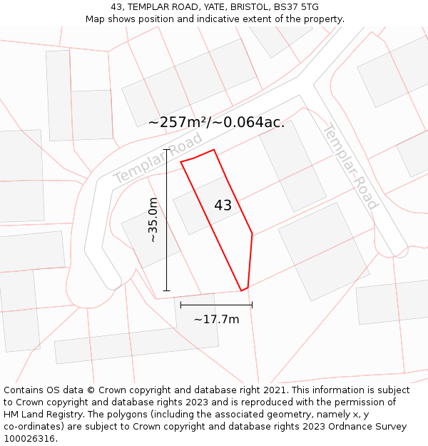 43, TEMPLAR ROAD, YATE, BRISTOL, BS37 5TG: Plot and title map