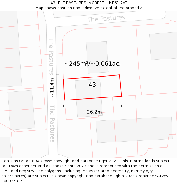 43, THE PASTURES, MORPETH, NE61 2AT: Plot and title map