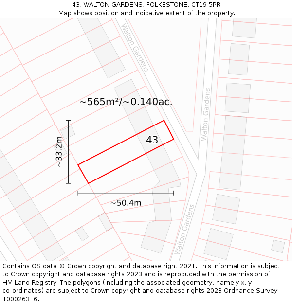 43, WALTON GARDENS, FOLKESTONE, CT19 5PR: Plot and title map
