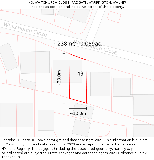 43, WHITCHURCH CLOSE, PADGATE, WARRINGTON, WA1 4JP: Plot and title map