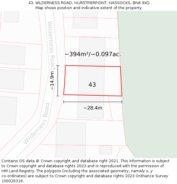 43, WILDERNESS ROAD, HURSTPIERPOINT, HASSOCKS, BN6 9XD: Plot and title map