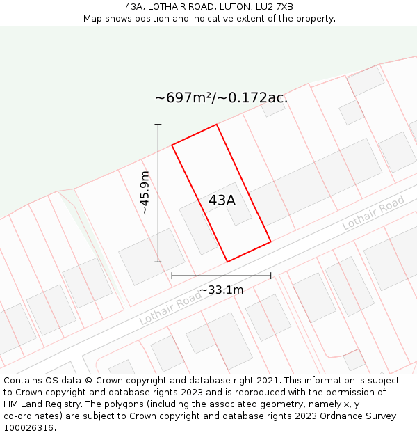 43A, LOTHAIR ROAD, LUTON, LU2 7XB: Plot and title map