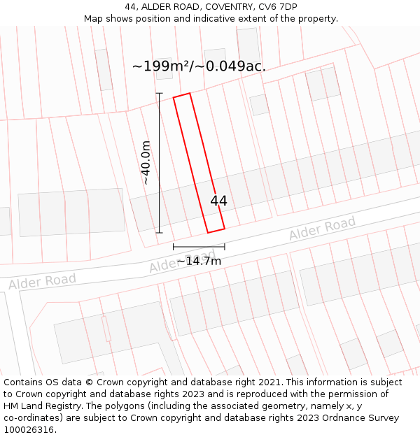 44, ALDER ROAD, COVENTRY, CV6 7DP: Plot and title map