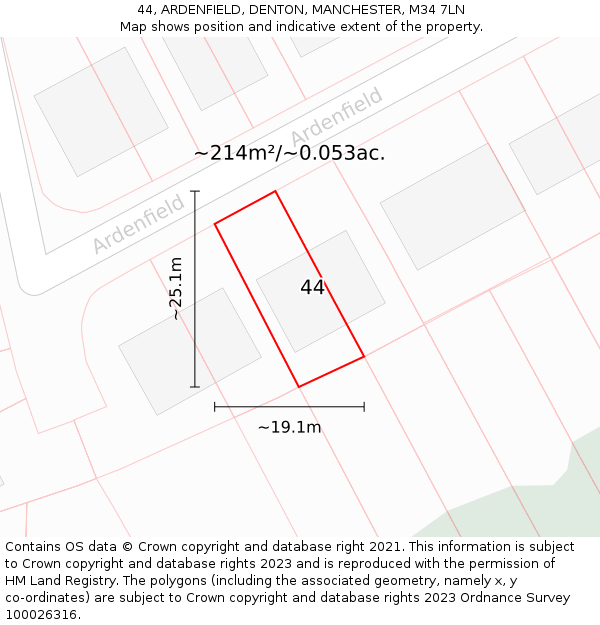 44, ARDENFIELD, DENTON, MANCHESTER, M34 7LN: Plot and title map